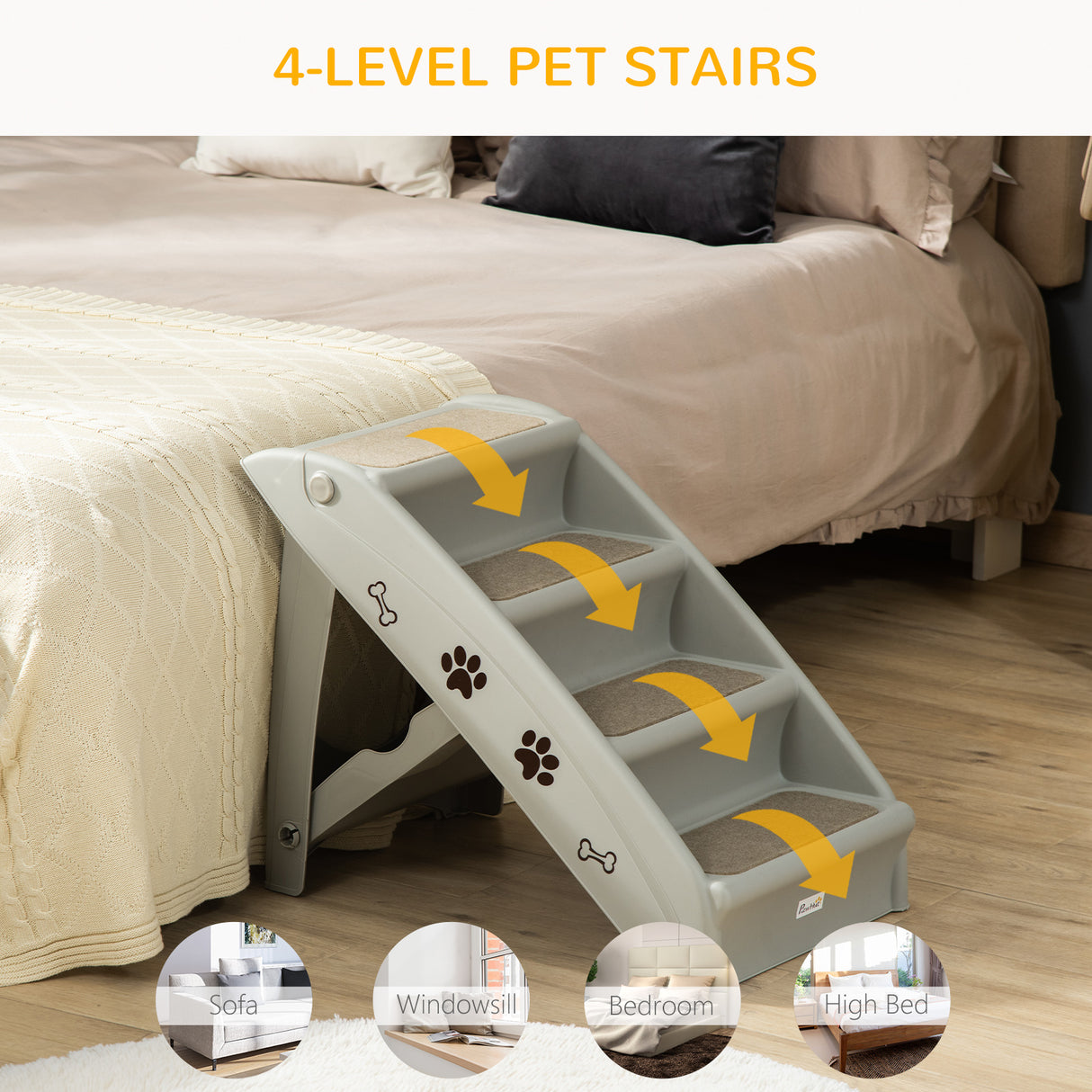 Foldable Pet Stairs for Cats, Grey, 62cm
