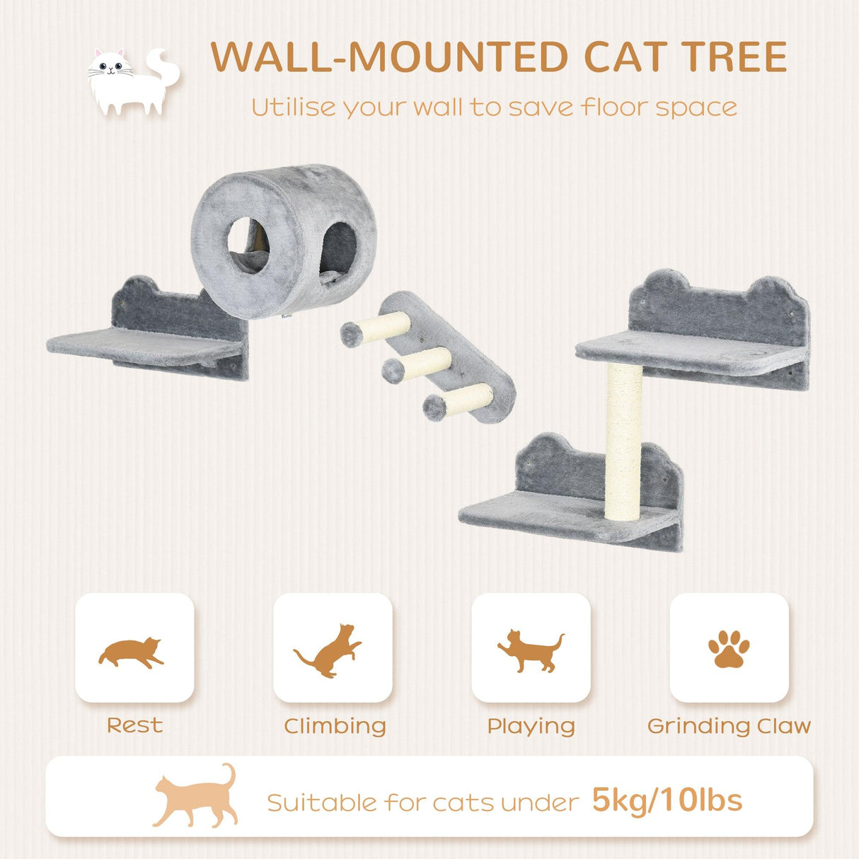 4-Piece Wall-Mounted Cat Tree Furniture with Platforms, Steps, Scratching Post, Grey - Cat Walls - Purr Wish