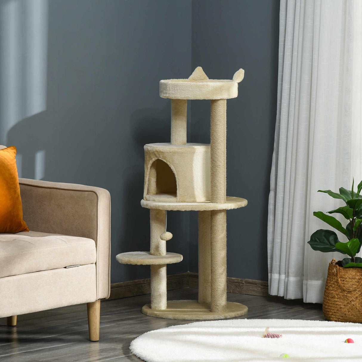 Deluxe Cat Tower, Scratching Posts, Condo, Ball Toy, 104cm - Beige - Cat Trees - Purr Wish