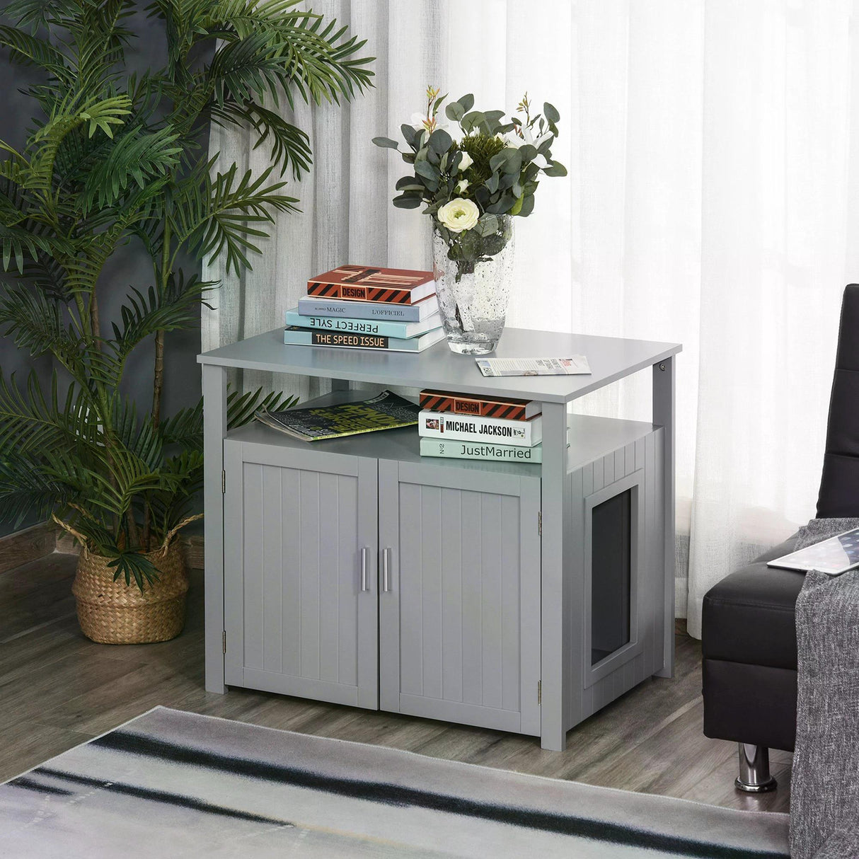 Cat Litter Box Enclosure Nightstand 66H x 76L x 51Wcm - Grey - Cat Litter Trays - Purr Wish