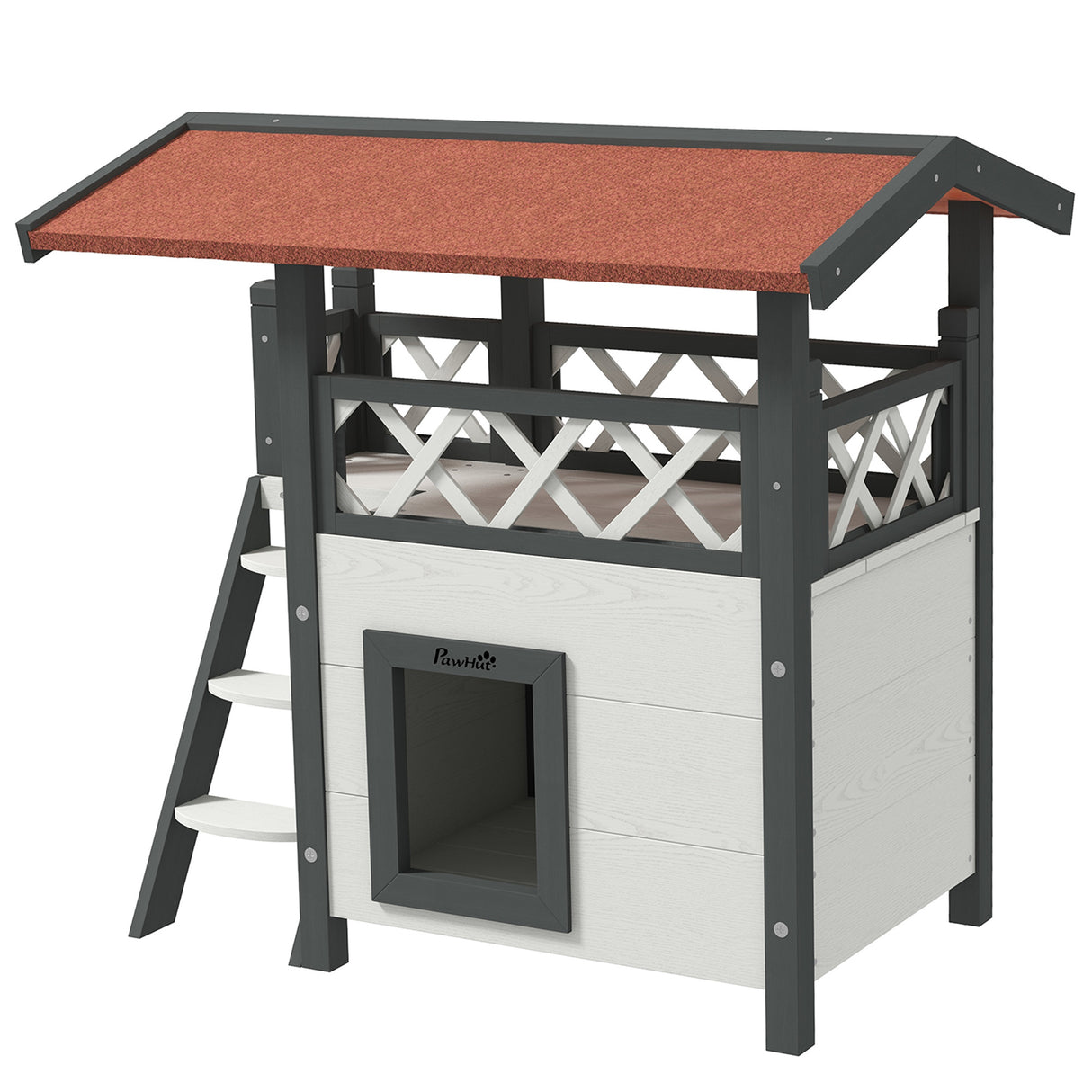 Cat House Outdoor with Balcony, Stairs, Roof - White