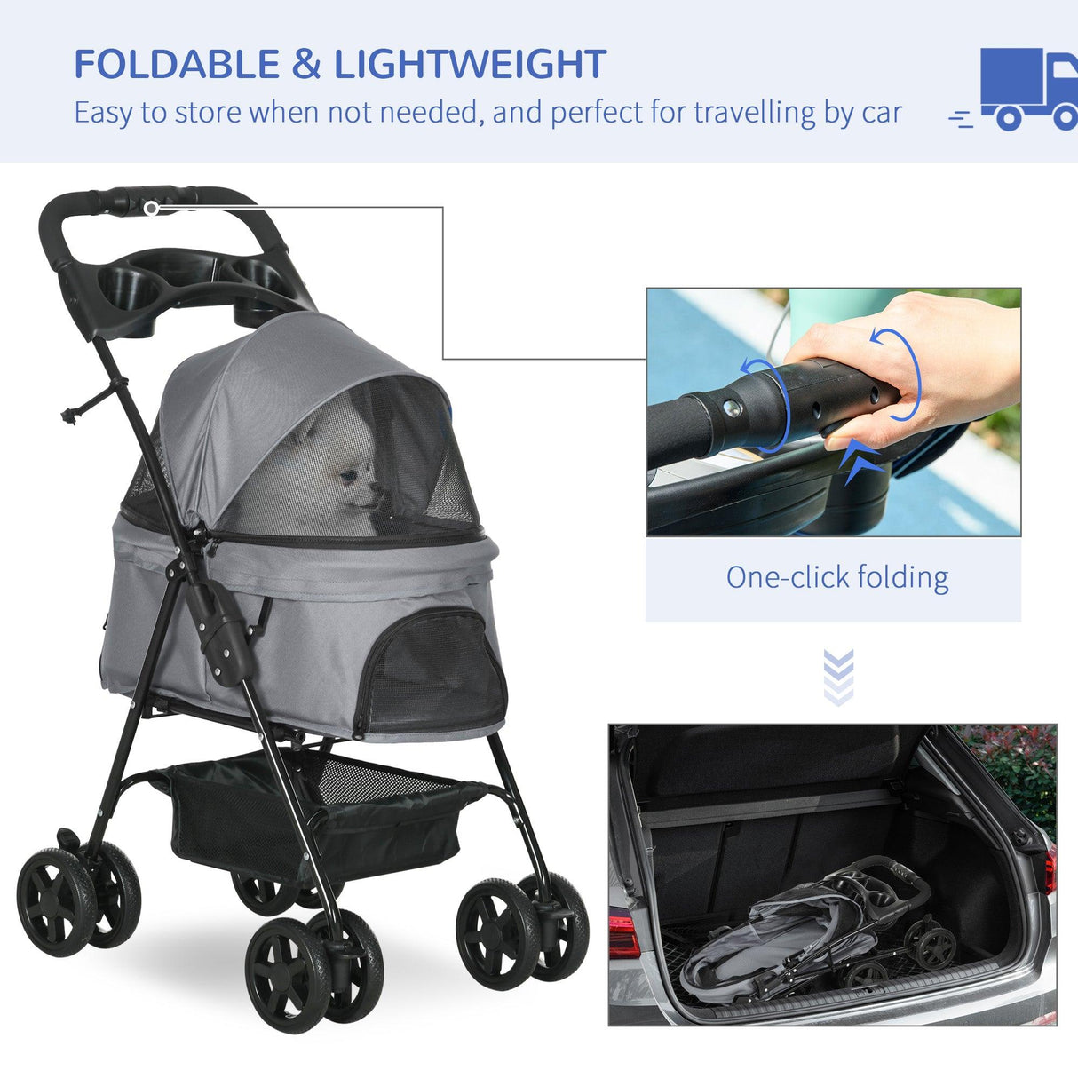 Cat Stroller with Rain Cover and EVA Wheels - Grey - Cat Carriers & Strollers - Purr Wish