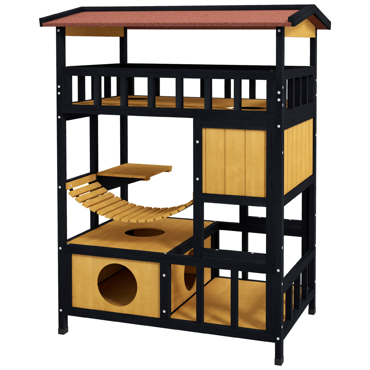 Four-Tier Wooden Outdoor Cat Shelter with Suspension Bridge - Grey