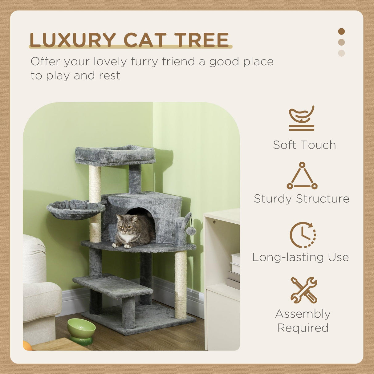 Grey Sisal Cat Tree Tower with Scratching Post, 100cm - Grey - Cat Trees - Purr Wish