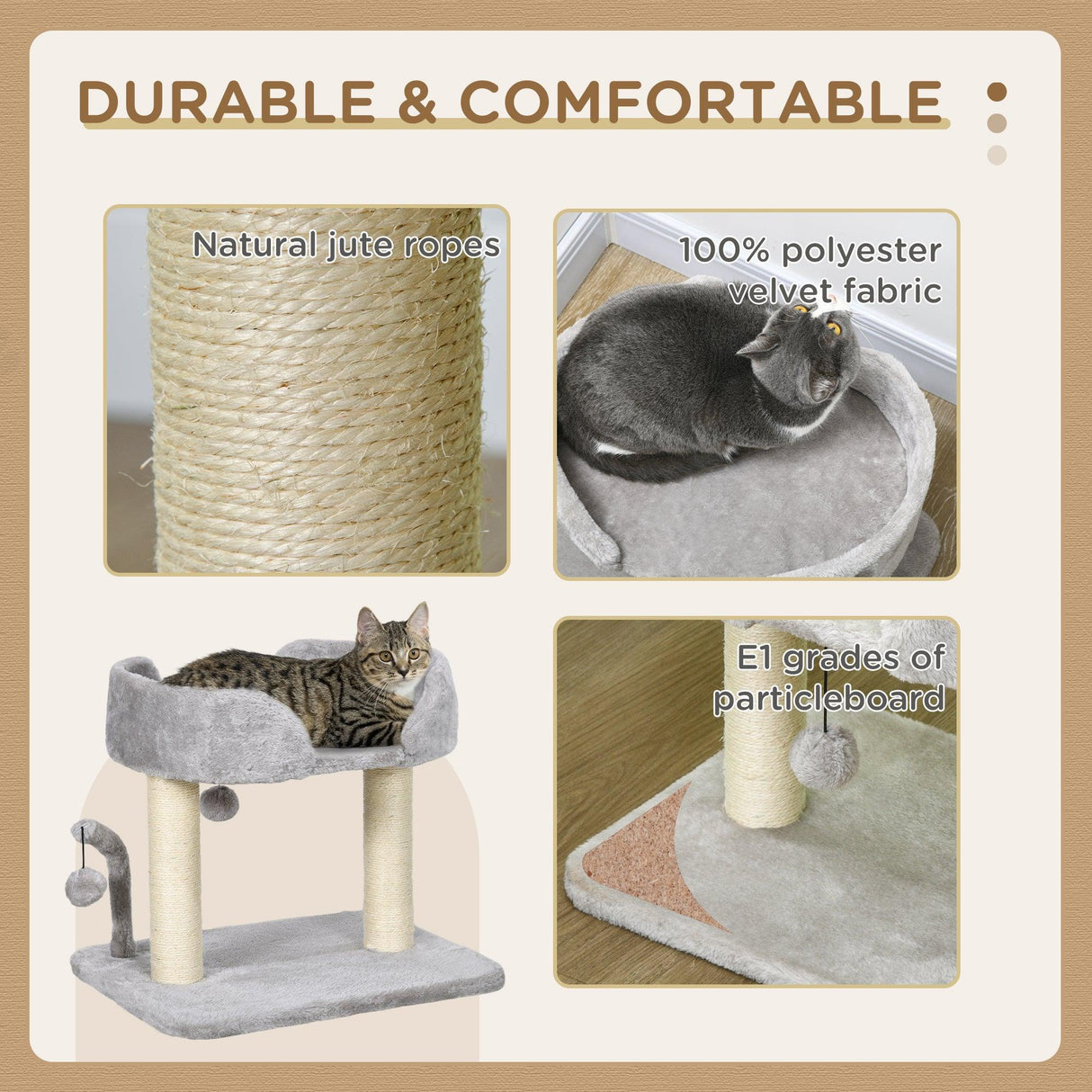 Cat Tree with Toy Balls and Sisal Scratching Post, 42cm - Light Grey - Cat Trees - Purr Wish