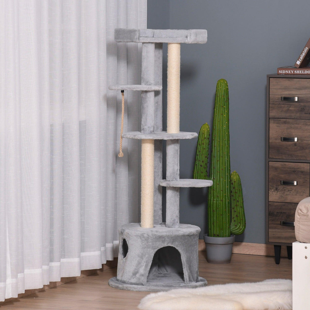 Multi-Level Cat Tower with Hanging Ropes, 150cm- Grey - Cat Trees - Purr Wish