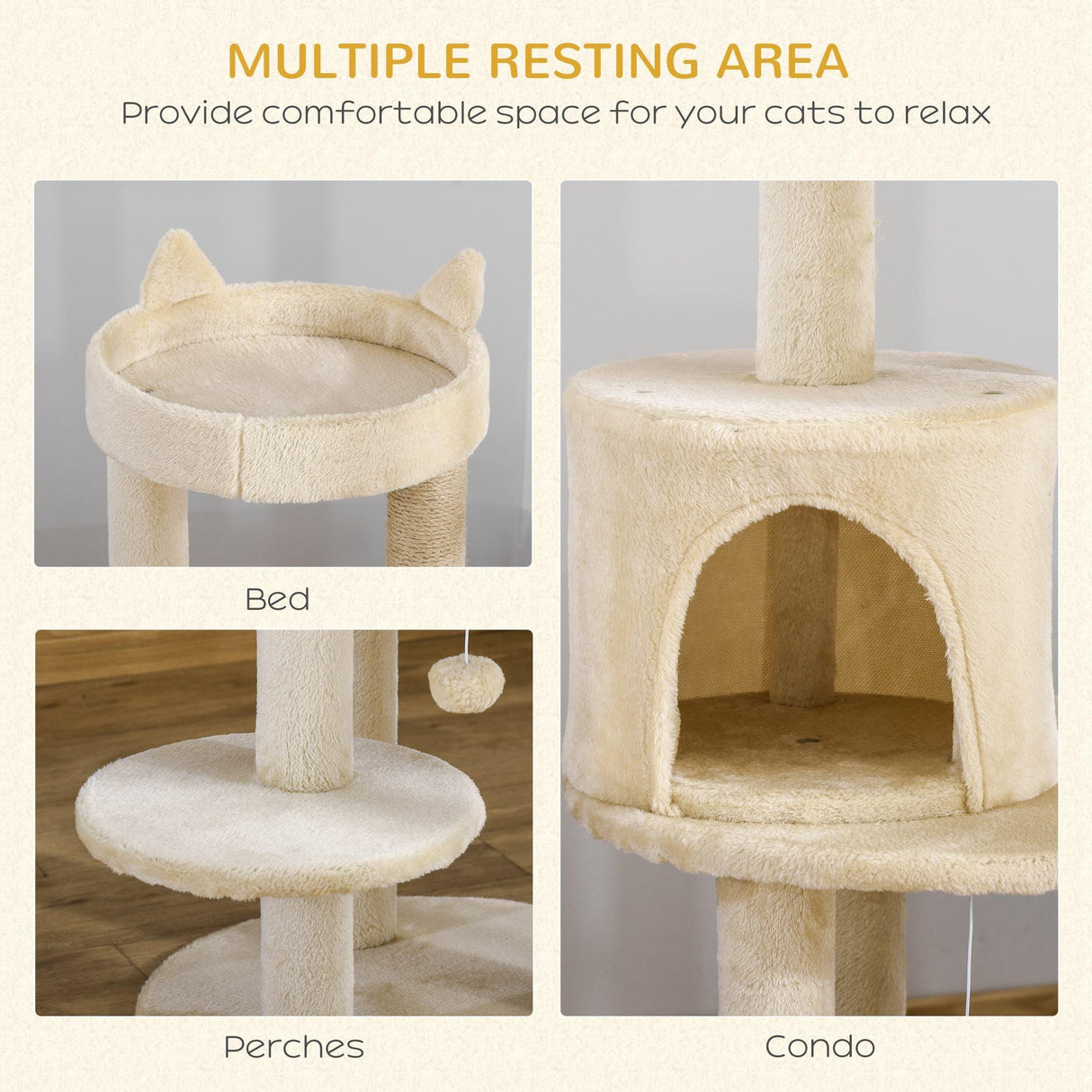 Deluxe Cat Tower, Scratching Posts, Condo, Ball Toy, 104cm - Beige - Cat Trees - Purr Wish