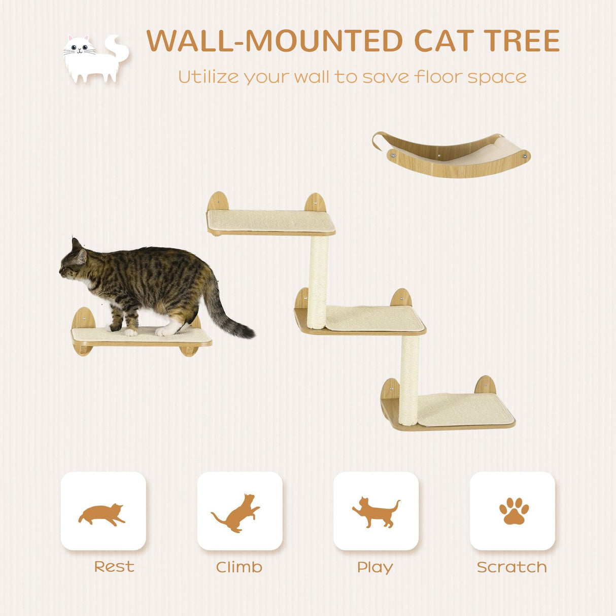 3-Piece Oak Cat Shelf Set with Jumping Platforms - Cat Walls - Purr Wish