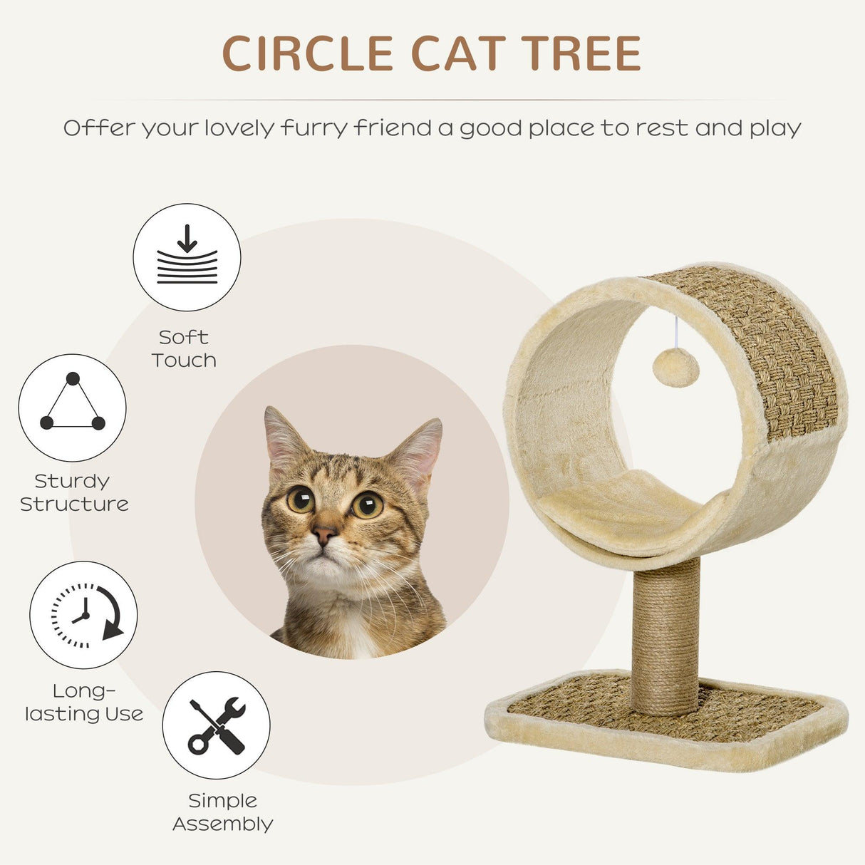 Cat Tower with Tunnel & Ball Toy - Beige - Cat Trees - Purr Wish