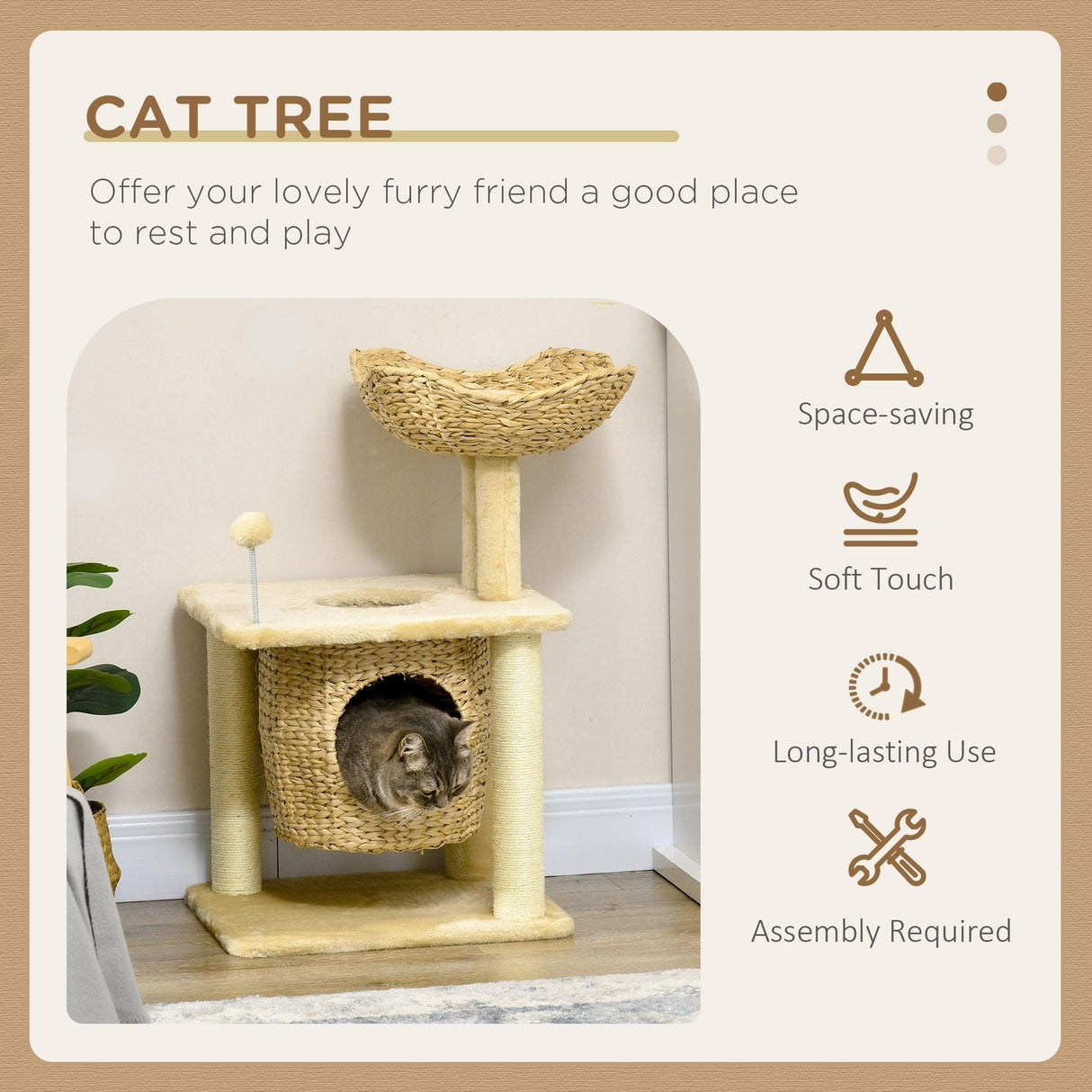 Weaved Cat Tree w/ Scratching Posts, Bed, Toy Ball, 74cm - Beige - Cat Trees - Purr Wish