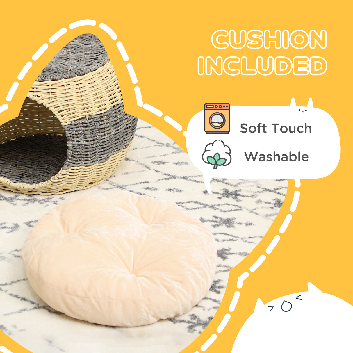 Elegant Wicker Cat House with Soft Washable Cushion, ?40 x 30cm