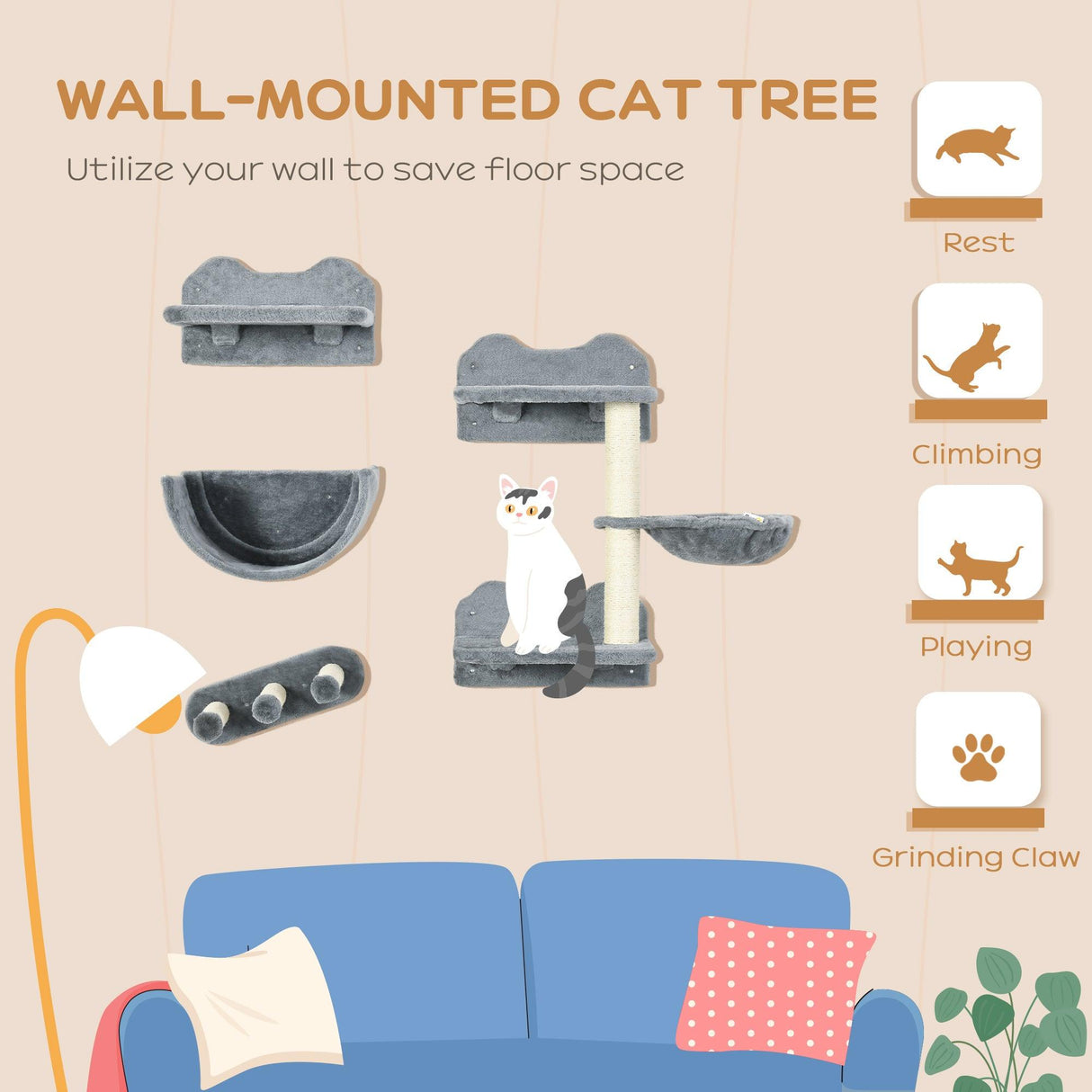 4-Piece Cat Wall Shelves - Scratching Post, Hammock, Nest - Grey & Cream - Cat Walls - Purr Wish