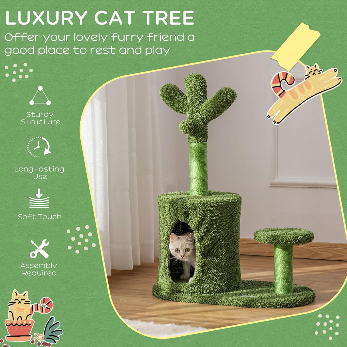 Cactus Cat Tree w/ Scratching Post, Condo, Toy, 78cm - Green - Cat Trees - Purr Wish