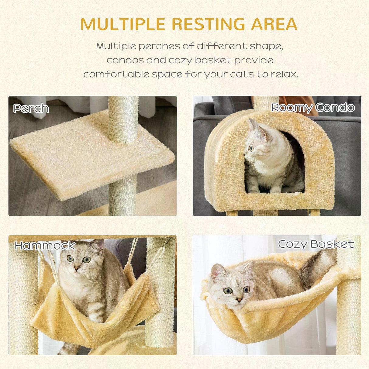 Cat Tree Tower Activity Centre w/ Hammock, 98cm - Beige - Cat Trees - Purr Wish