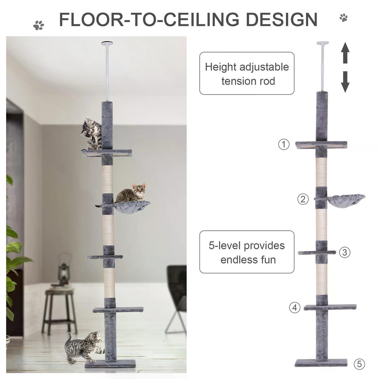 Floor-to-Ceiling Scratcher w/ Plush Platforms, 230-260cm - Grey - Cat Trees - Purr Wish