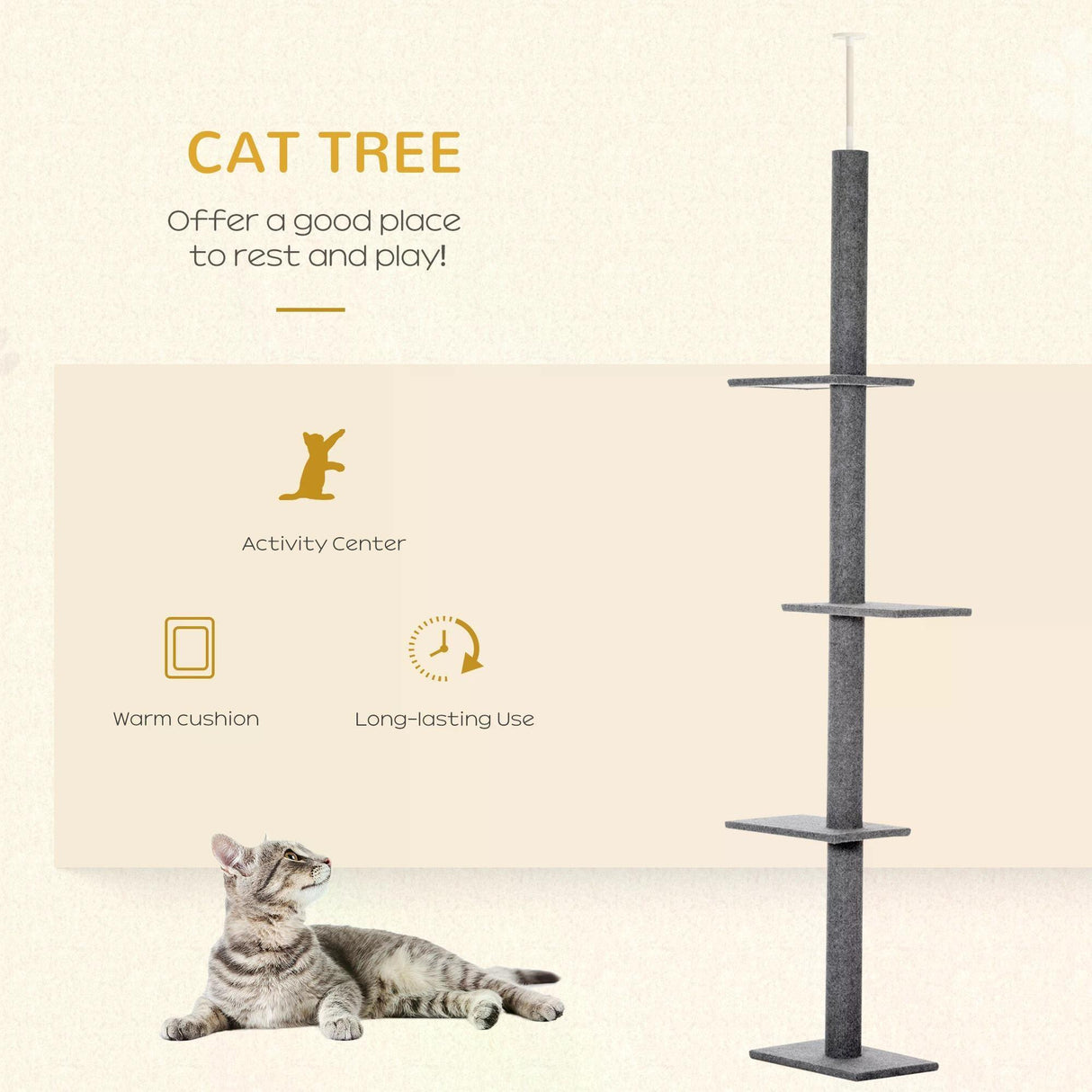 Floor-to-Ceiling Cat Tree with 3 Perches, 228-260cm - Grey - Cat Trees - Purr Wish