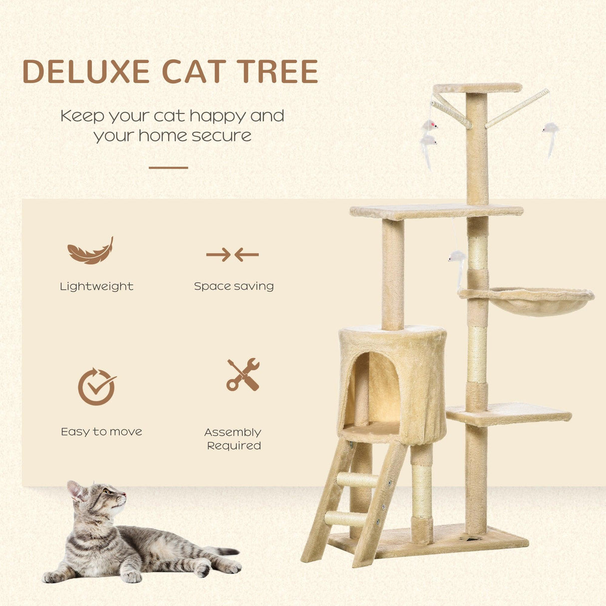Multi-Level Cat Tree House, 134.2cm - Beige - Cat Trees - Purr Wish