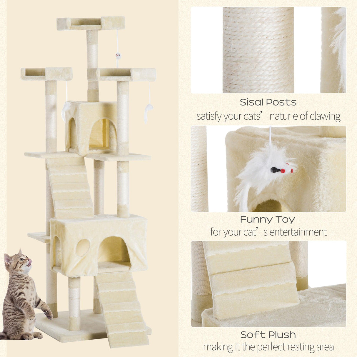 Multi-Level Cat Tower, Scratching Post, Cat Bed, 181cm - Beige - Cat Trees - Purr Wish
