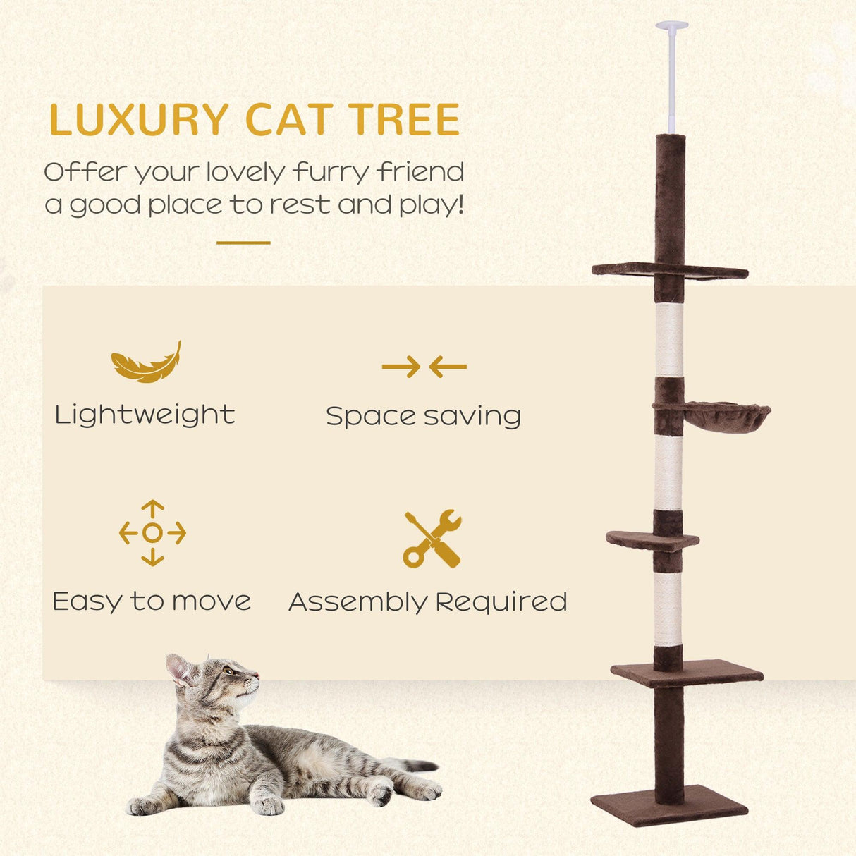 5-Tier Floor to Ceiling Cat Tree, Adjustable Height, Brown - Cat Trees - Purr Wish