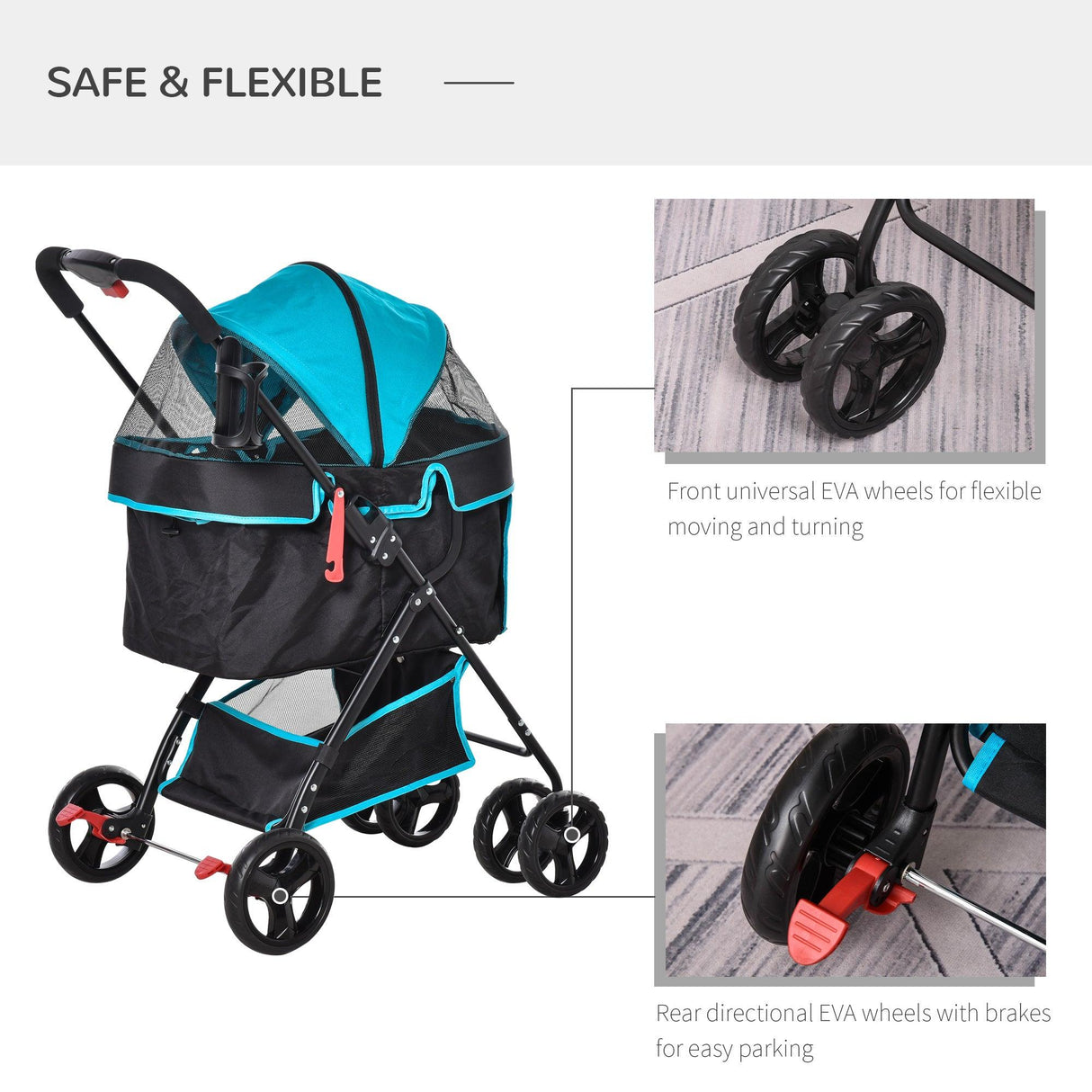 One-Click Fold Pet Stroller Travel Trolley with EVA Wheels - Blue & Black - Cat Carriers & Strollers - Purr Wish
