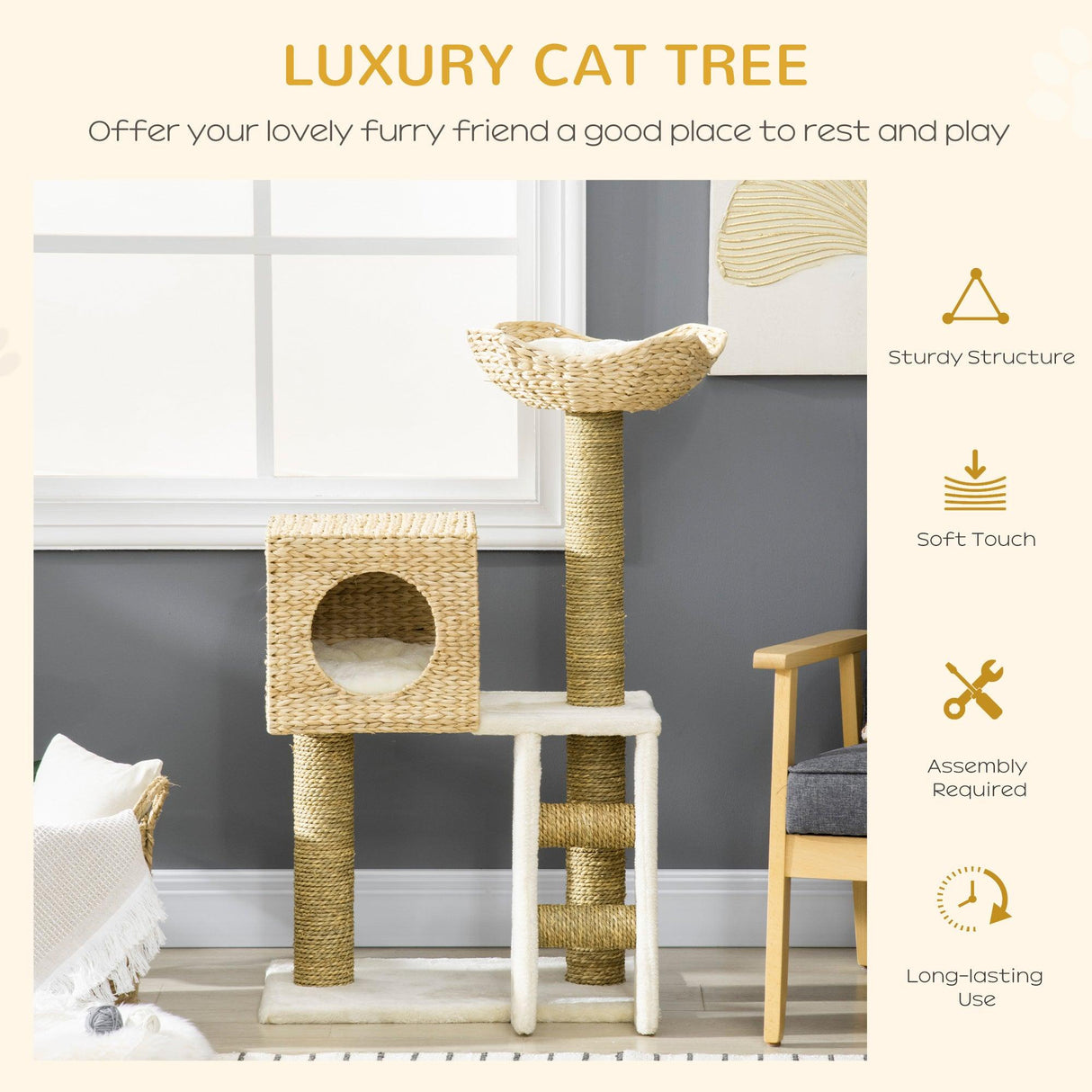 Cat Tower with Scratching Posts, Cat House, 100.5cm - Natural - Cat Trees - Purr Wish