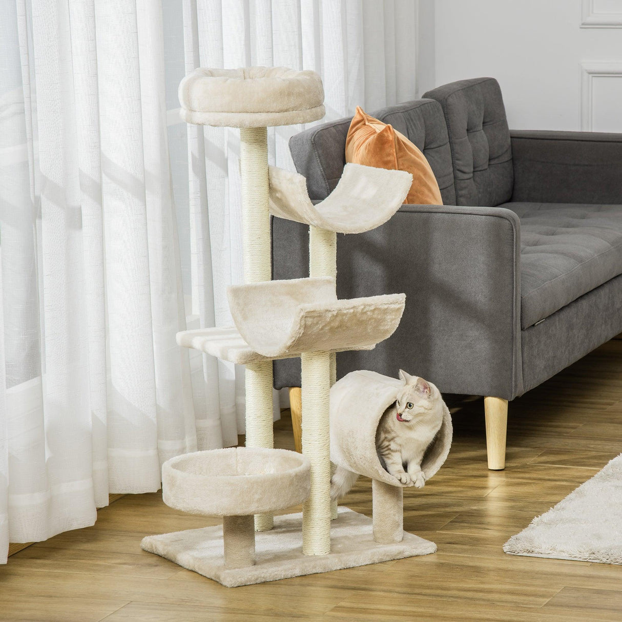 Cat Tree with Tunnels & Plush Covering - Beige - Cat Trees - Purr Wish