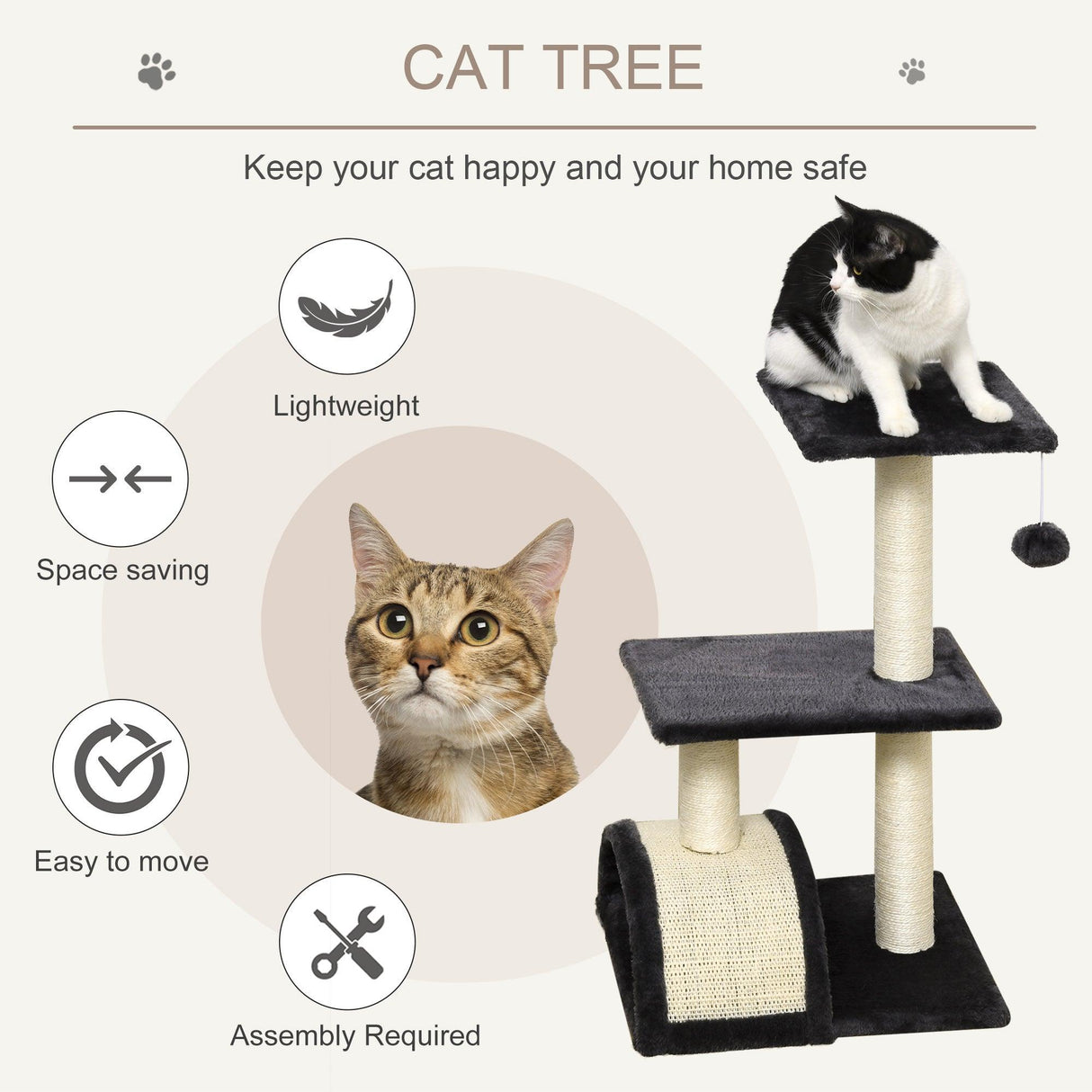 Cat Tower with Scratching Post Pad and Hanging Ball, 72cm - Black - Cat Trees - Purr Wish