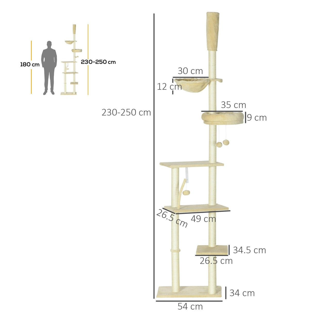 6-Tier Floor-to-Ceiling Adjustable Cat Tree, 230-250cm - Beige - Cat Trees - Purr Wish