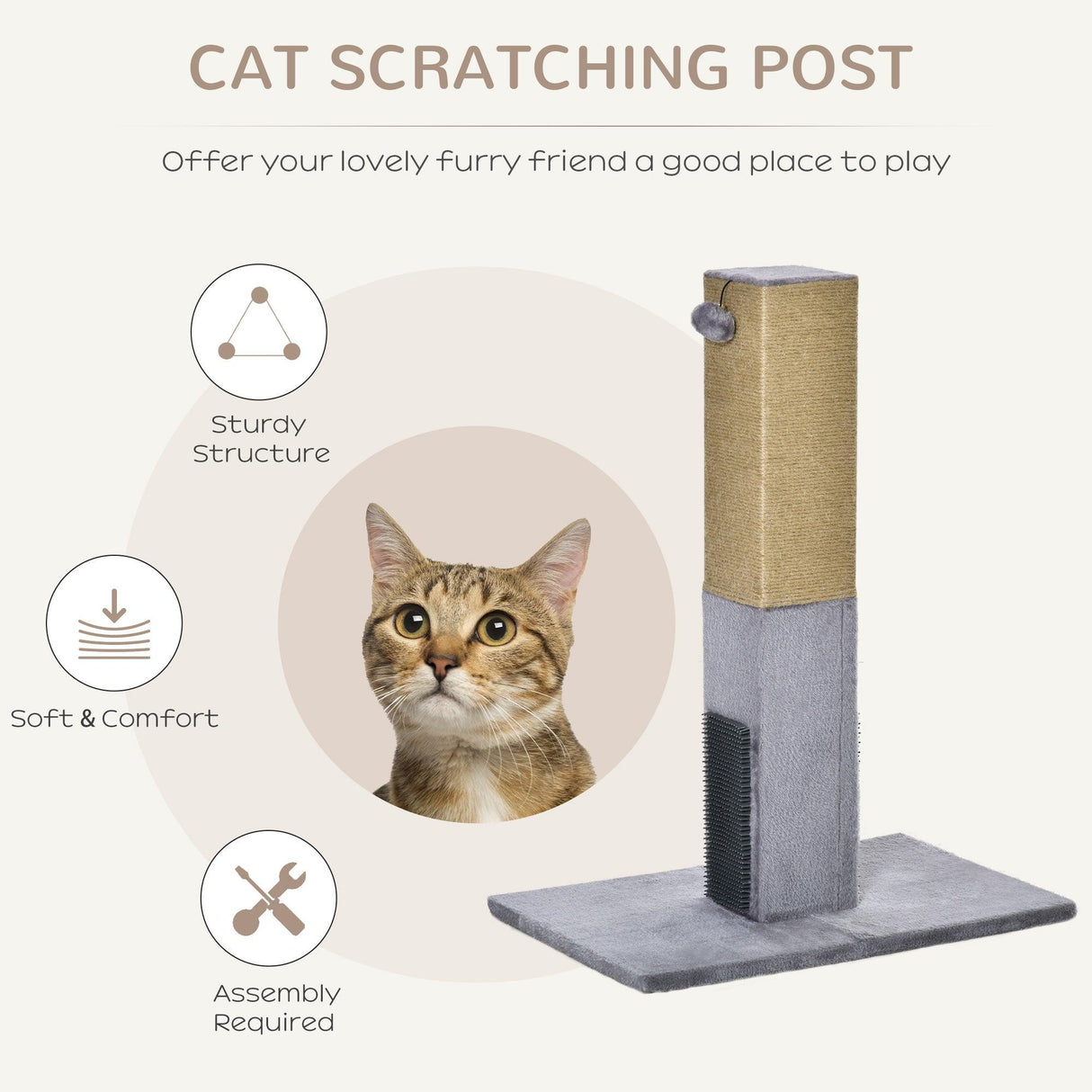 Cat Scratching Post w/ Self Grooming Brush, 79cm - Grey - Cat Scratchers - Purr Wish