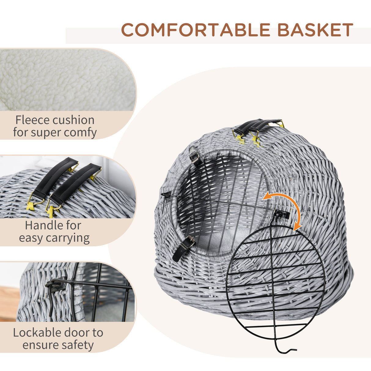 Grey Portable Pet Carrier Basket Bed 50 x 40 x 40cm