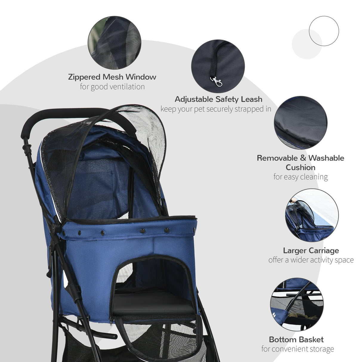 Pet Stroller with Large Carriage, Dark Blue - Cat Carriers & Strollers - Purr Wish