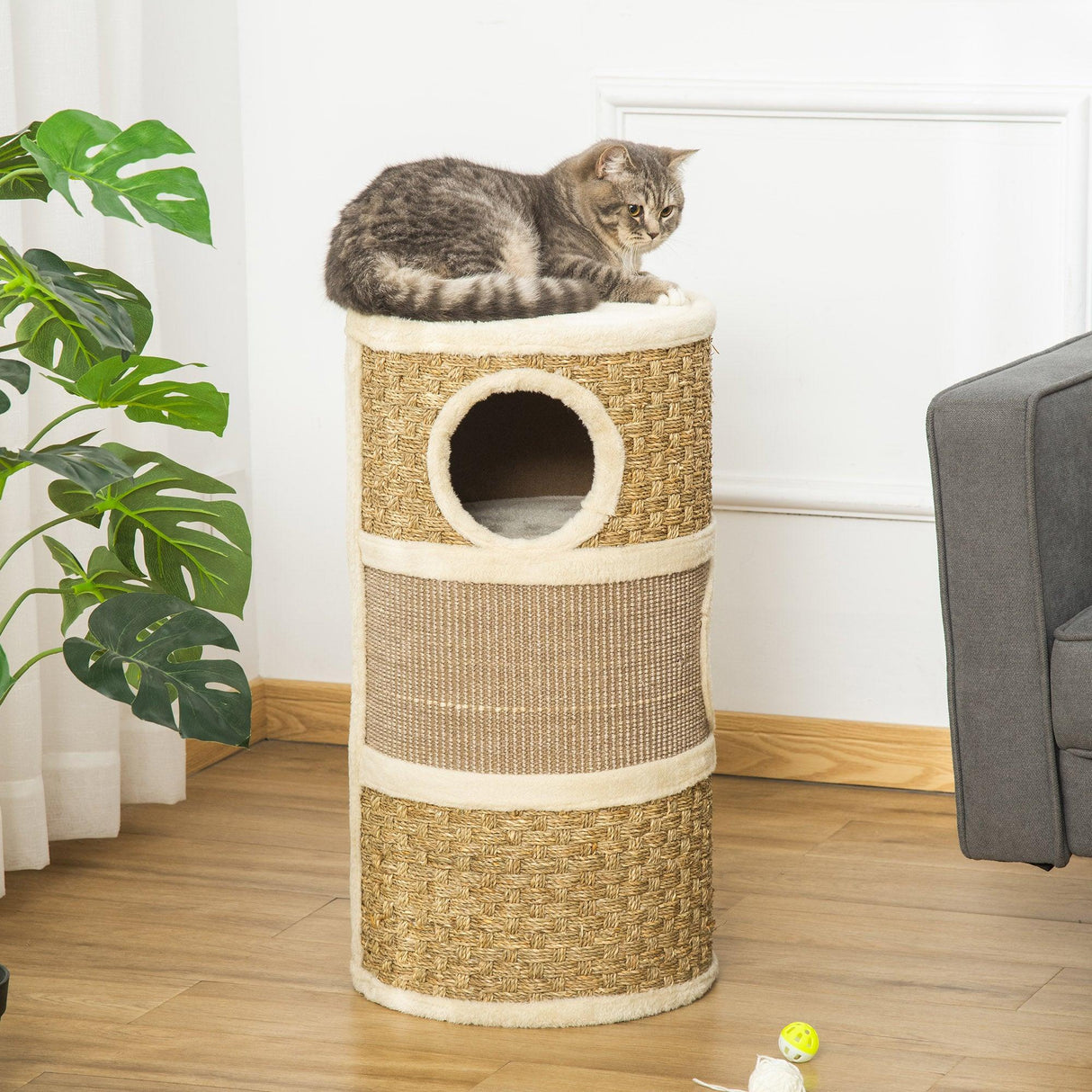 Sisal & Seaweed Rope Cat Scratching Barrel Tower, 70cm - Natural - Cat Trees - Purr Wish