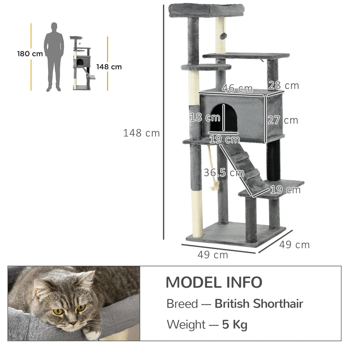 Cat Tower with Scratching Post, Cat House, 148cm - Grey - Cat Trees - Purr Wish