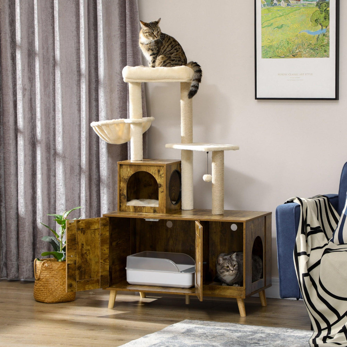 Cat Litter Enclosure w/ Cat Tree, 138cm - Rustic Brown - Cat Trees - Purr Wish