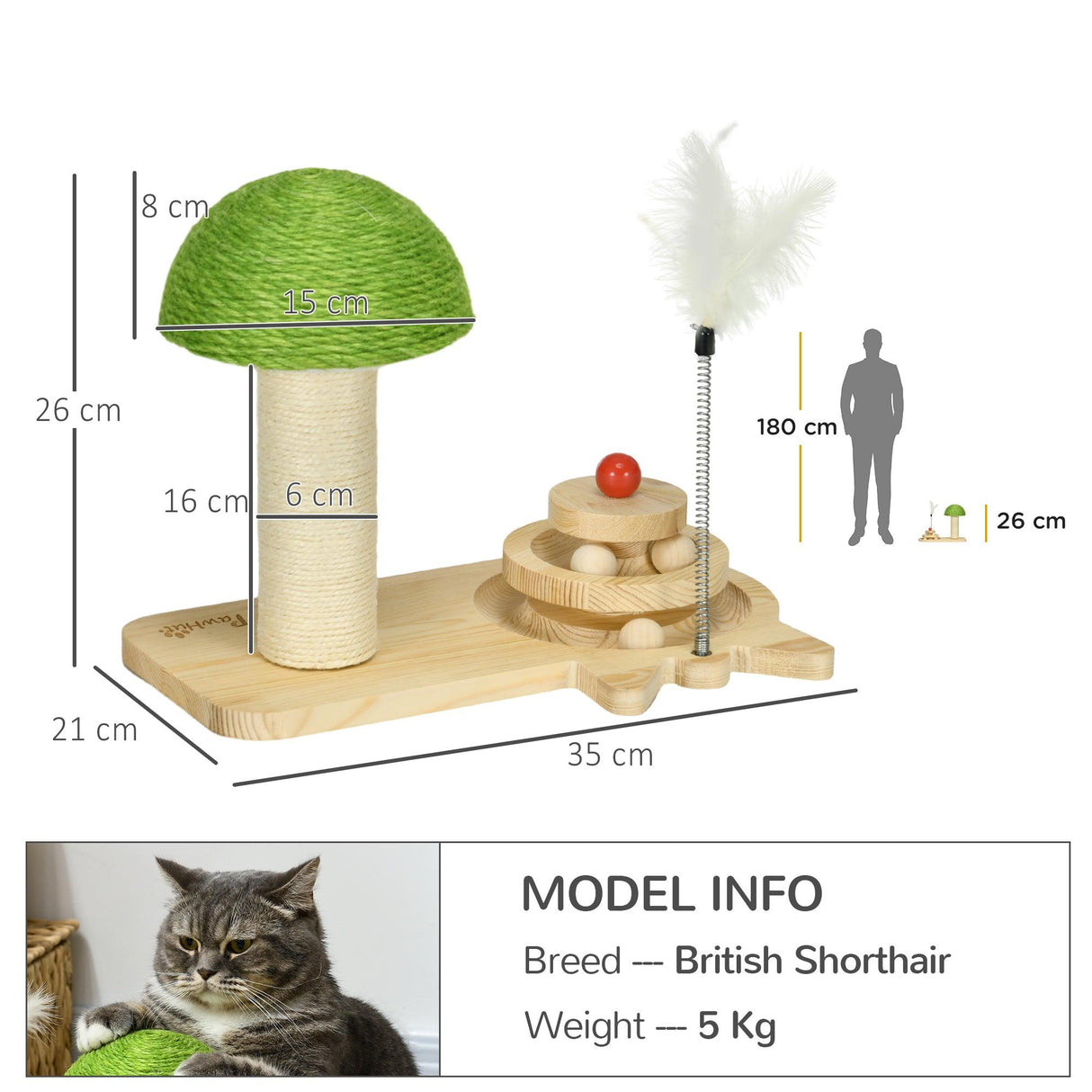 Mushroom Cat Scratching Post with Toy Balls, Feather, 26Hcm- Natural - Cat Scratchers - Purr Wish