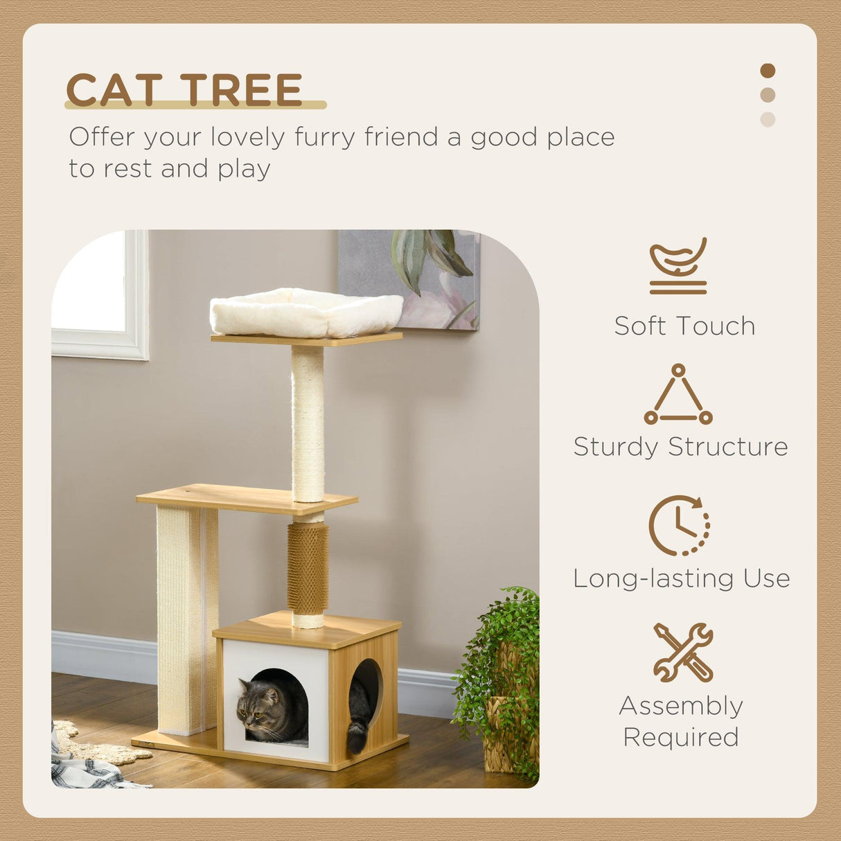 Multi-level Cat Tree w/ Scratchers, Perches, Cat House, 114cm - Oak - Cat Trees - Purr Wish