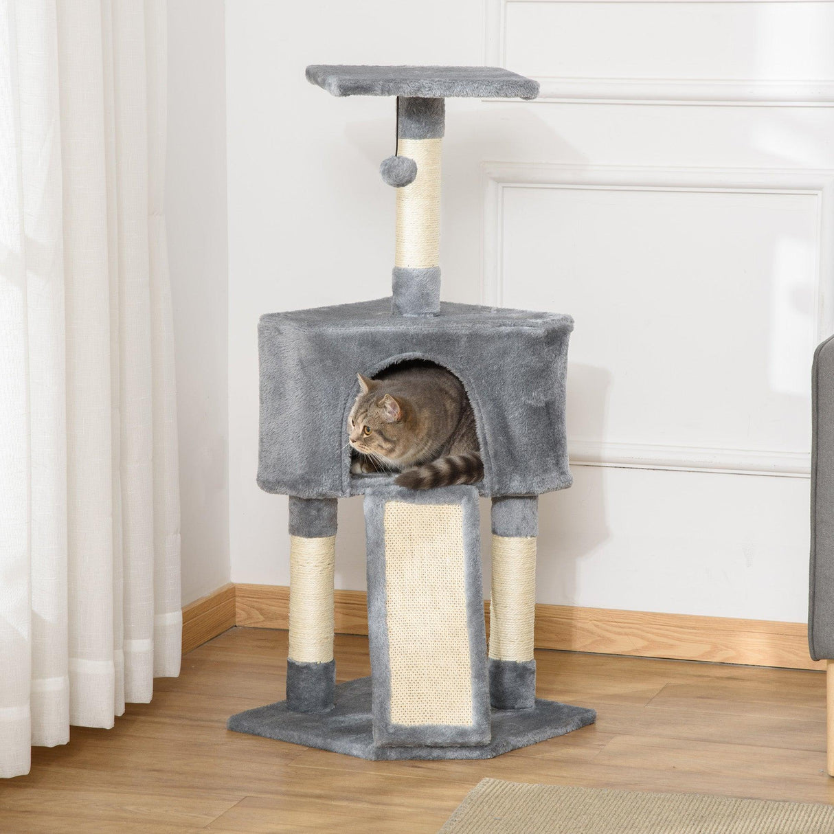 Corner Cat Tower w/ Sisal Rope Scratching Post, 98cm - Grey - Cat Trees - Purr Wish