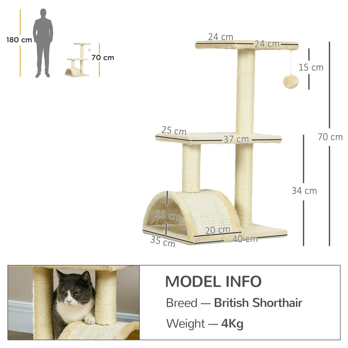 Compact Cat Tree with Scratching Post & Pad, 72cm - Cream White - Cat Trees - Purr Wish