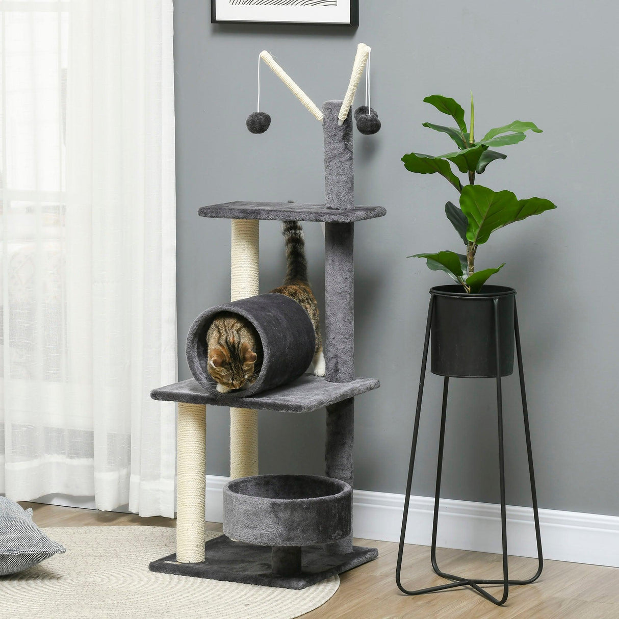 Multifunctional Cat Tree - Bed, Tunnel, Perch, Toy, 121cm - Dark Grey - Cat Trees - Purr Wish