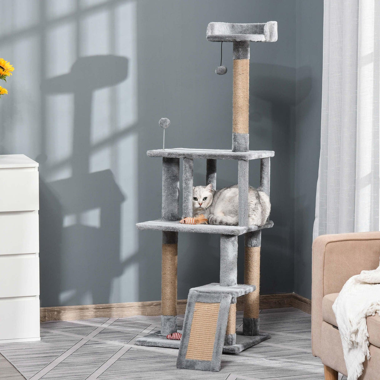 Climbing Activity Centre Cat Tree 142cm w/ Scratchers - Light Grey - Cat Trees - Purr Wish