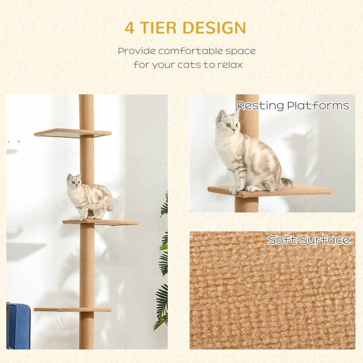 Floor-to-Ceiling Cat Tree, 260cm Tall - Brown - Cat Trees - Purr Wish