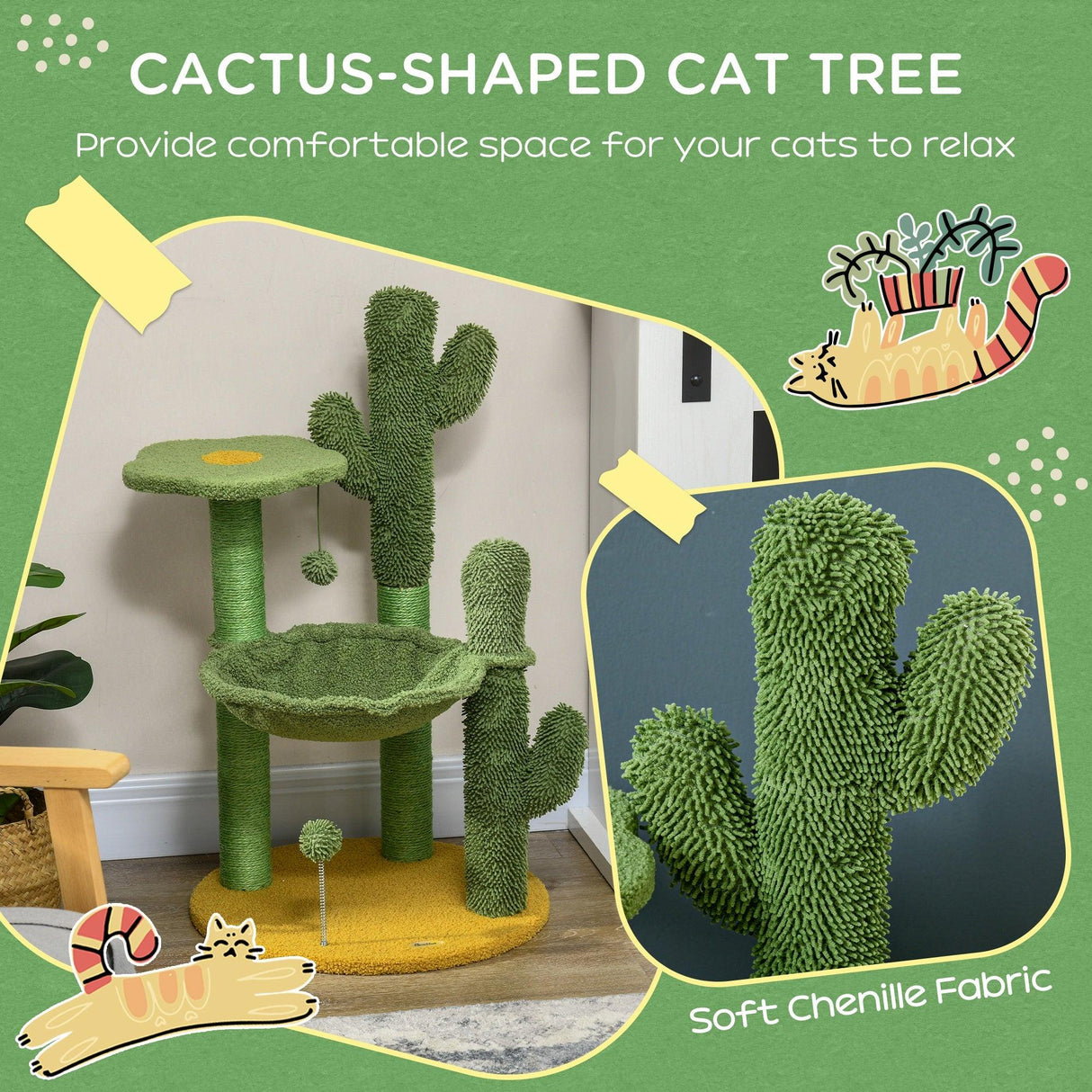 Cactus Cat Tree with Scratching Post, Hammock, 82cm - Green - Cat Trees - Purr Wish