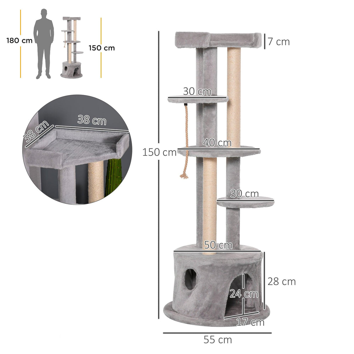 Multi-Level Cat Tower with Hanging Ropes, 150cm- Grey - Cat Trees - Purr Wish