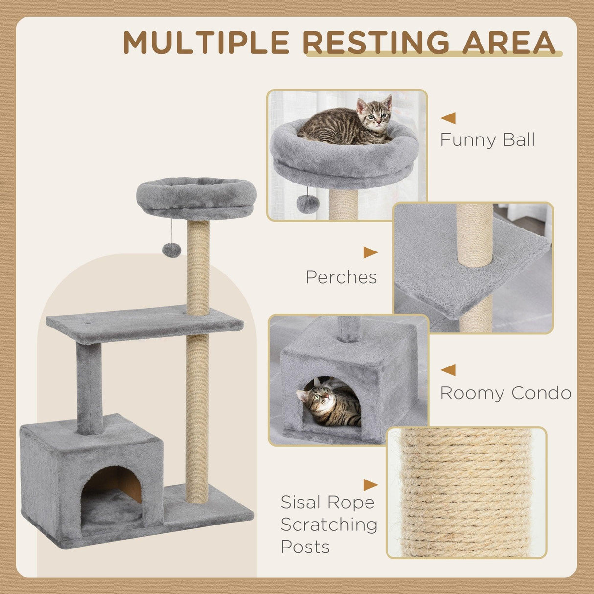 3-Tier Scratching Cat Tree, 96cm - Grey - Cat Trees - Purr Wish