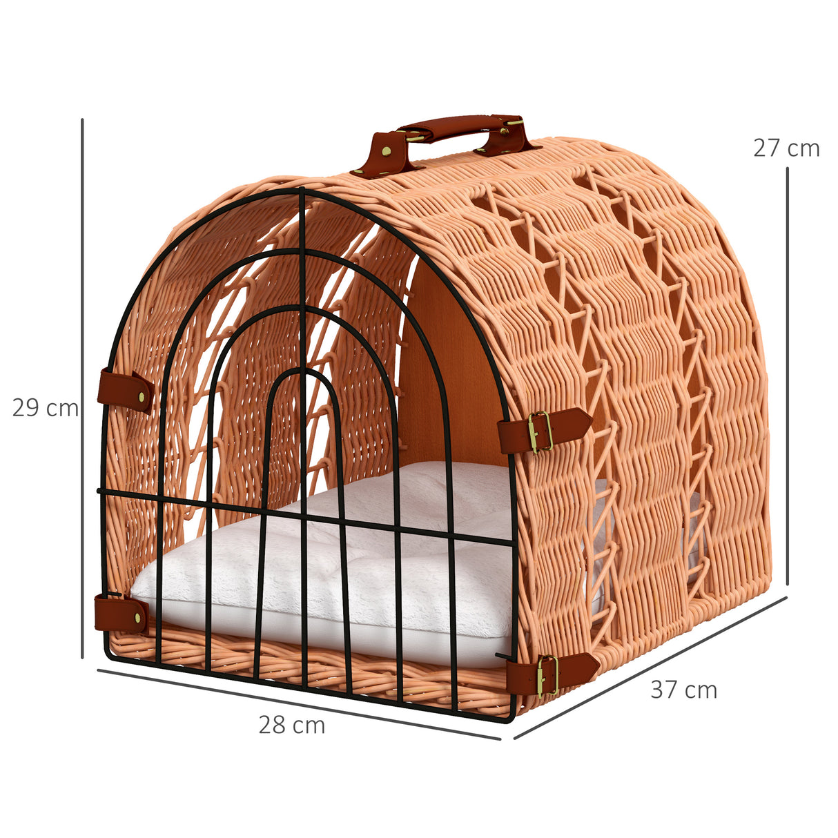 Orange Wicker Cat Carrier Basket Kitten Bed with Soft Cushion, 37 x 28 x 29 cm