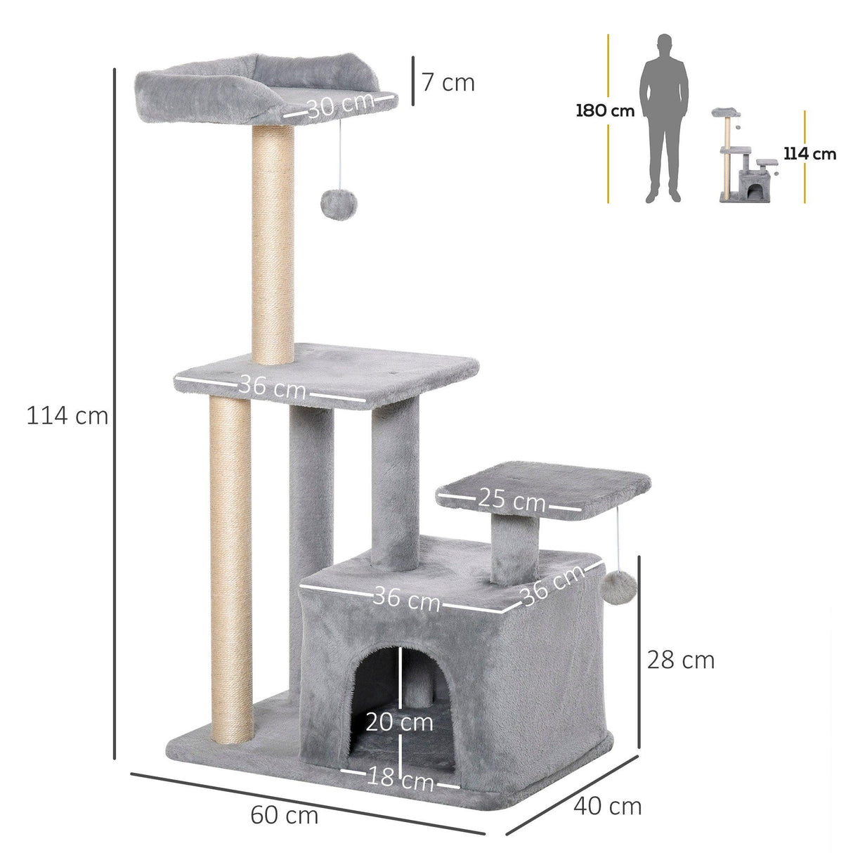 Cat Tower with Perch and Hanging Ball Toy, 114cm - Grey - Cat Trees - Purr Wish