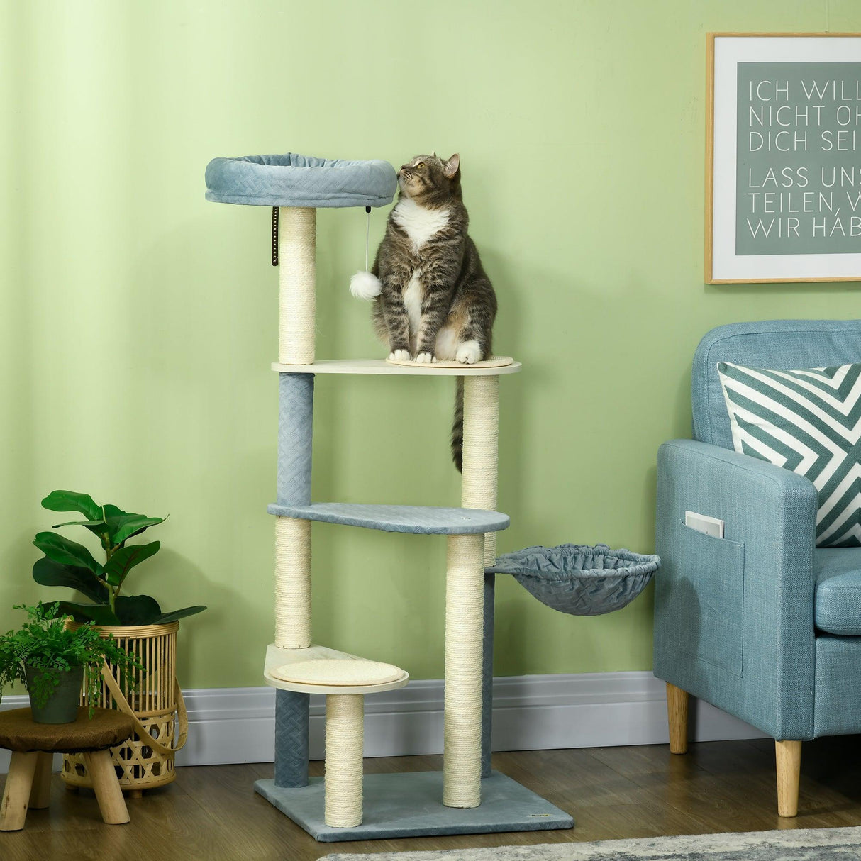 Indoor Cat Tree, Scratching Posts, Hammock, Cat Bed, 118.5cm - Grey Blue - Cat Trees - Purr Wish