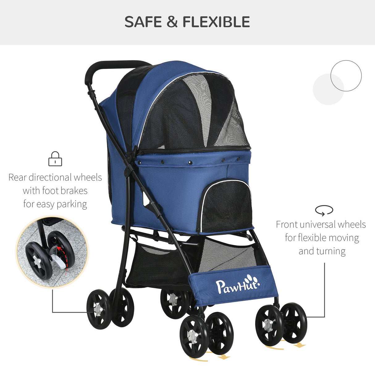 Pet Stroller with Large Carriage, Dark Blue - Cat Carriers & Strollers - Purr Wish
