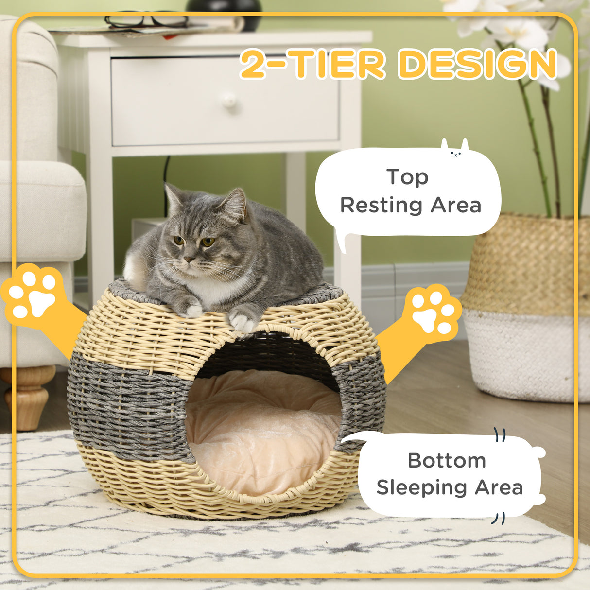 Elegant Wicker Cat House with Soft Washable Cushion, ?40 x 30cm