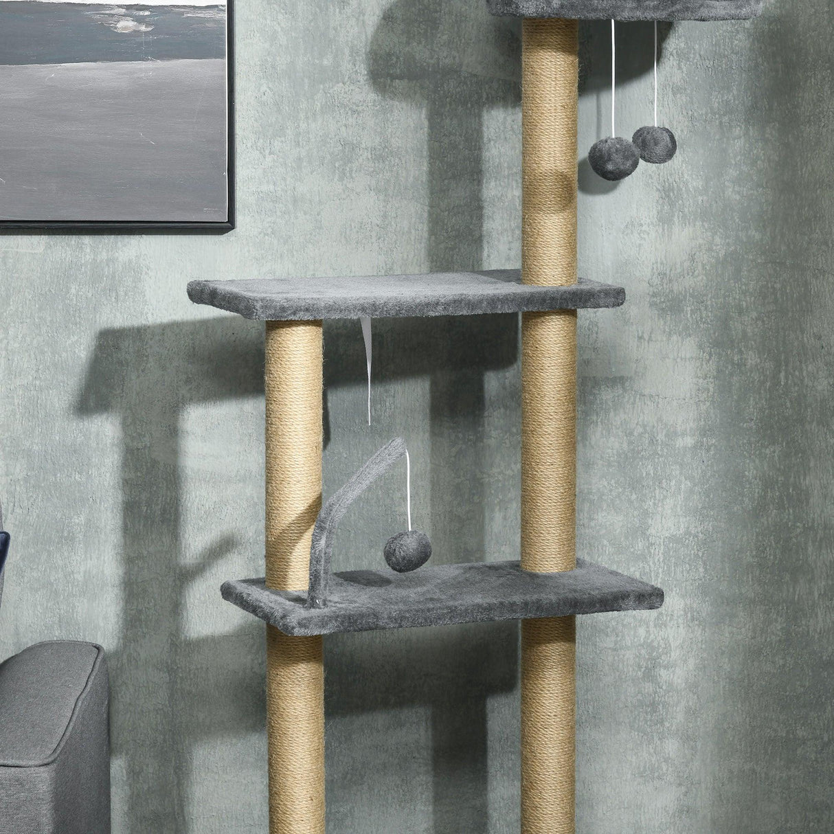 6-Tier Floor to Ceiling Adjustable Cat Tree, 230-250cm - Grey & Beige - Cat Trees - Purr Wish